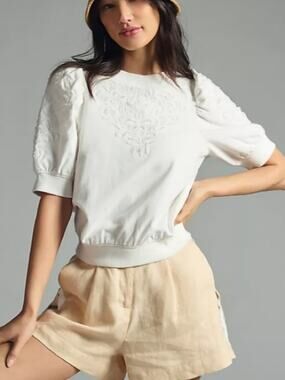 By Anthropologie Women's White Embroidered Puff-Sleeve Sweatshirt short sleeve